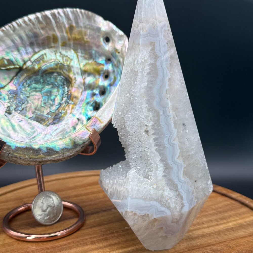 Blue Lace Agate Druzy Crystal Diamond Power Point Tower Natural Geode - Picture 2 of 7